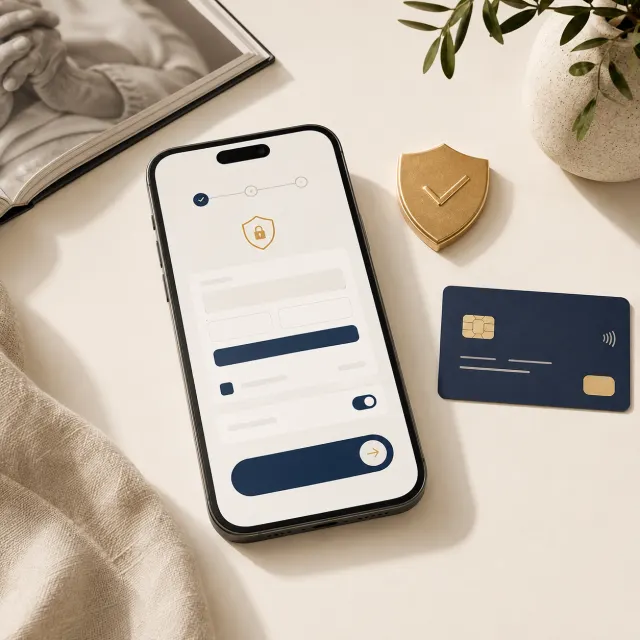 Celular com tela de pagamento seguro e cartão ao lado.