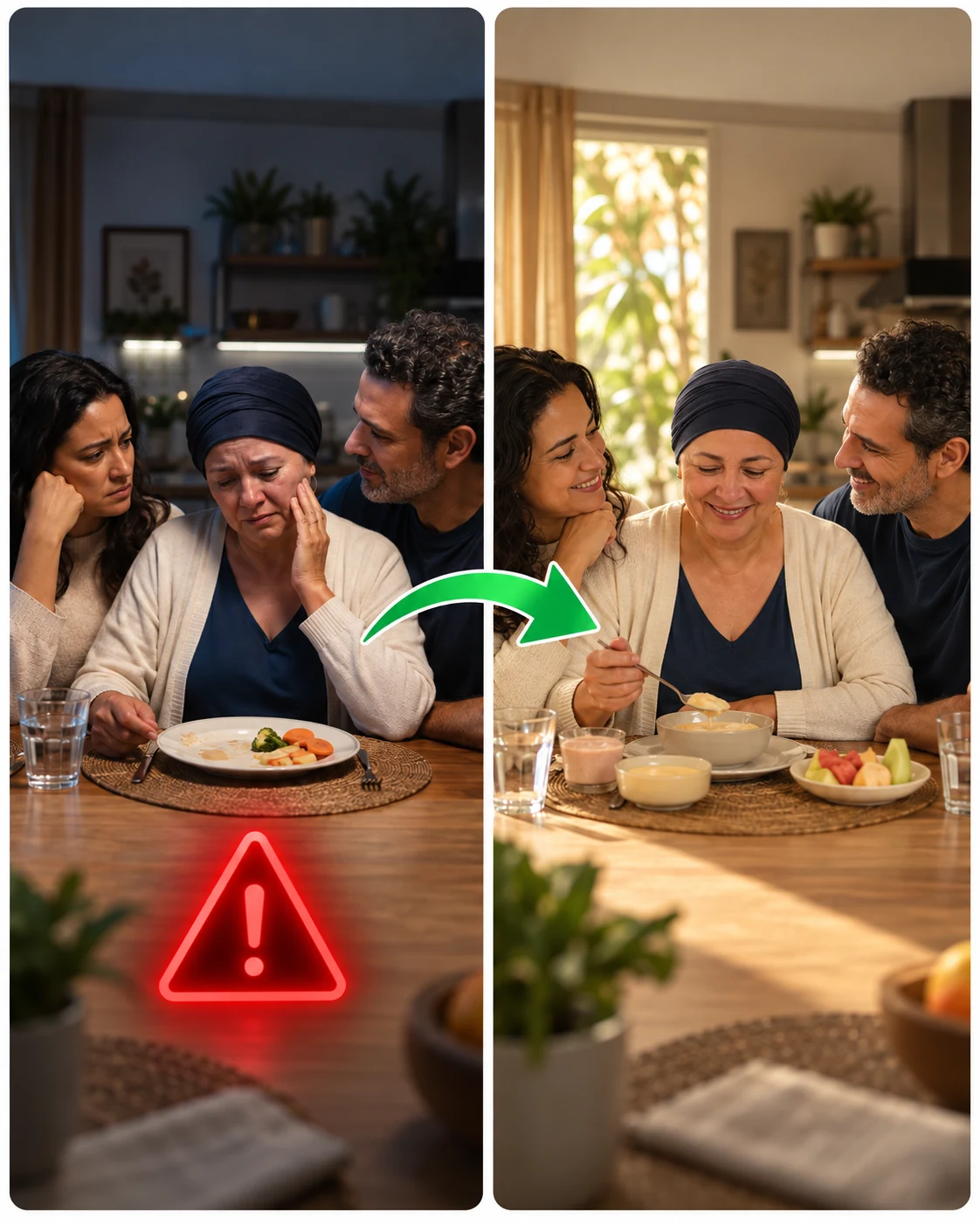A mesma paciente e seus familiares em dois momentos: antes, com dor e dificuldade para comer; depois, compartilhando uma refeição adaptada com mais conforto.